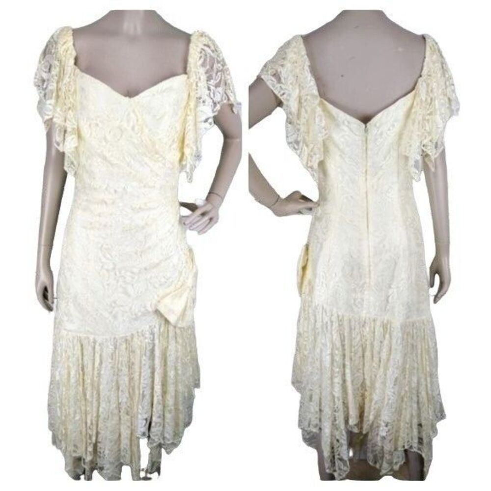 VTG 70s Fairycore Bohemian Flutter Sleeve Drop-Waist Bow-Front Romantic Dress